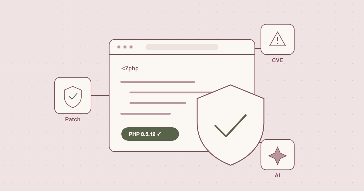 Illustration: a PHP code window protected by a shield showing version 8.5.12